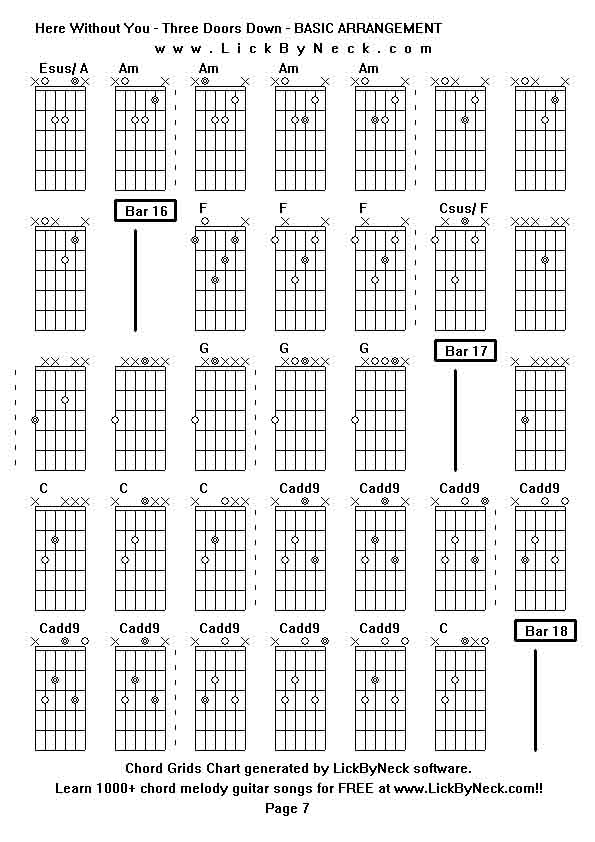 Chord Grids Chart of chord melody fingerstyle guitar song-Here Without You - Three Doors Down - BASIC ARRANGEMENT,generated by LickByNeck software.